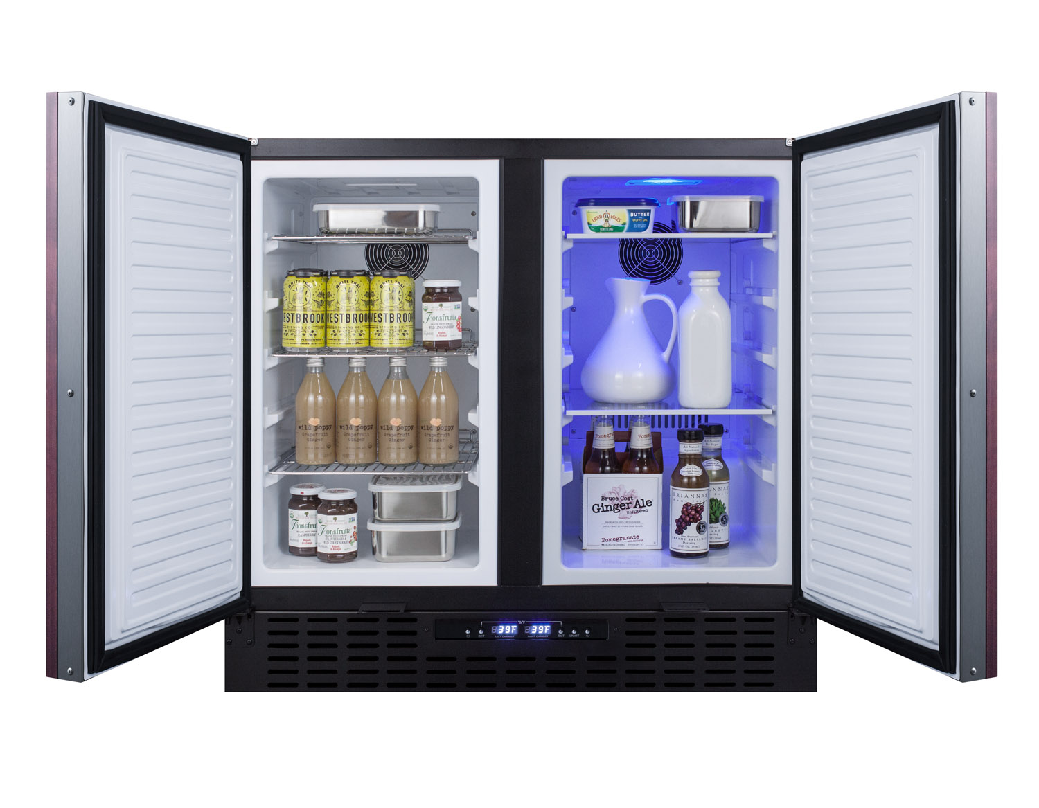 Commercially approved, frost-free, side-by-side refrigerator-freezer for built-in or freestanding use with two panel-ready doors, black cabinet, front-placed digital controls
